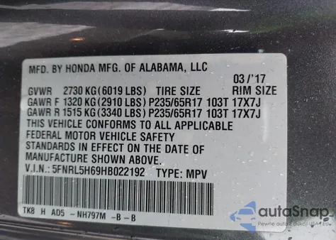 2017 Honda Odyssey Ex-L from USA, damaged, VIN 5FNRL5H69HB022192